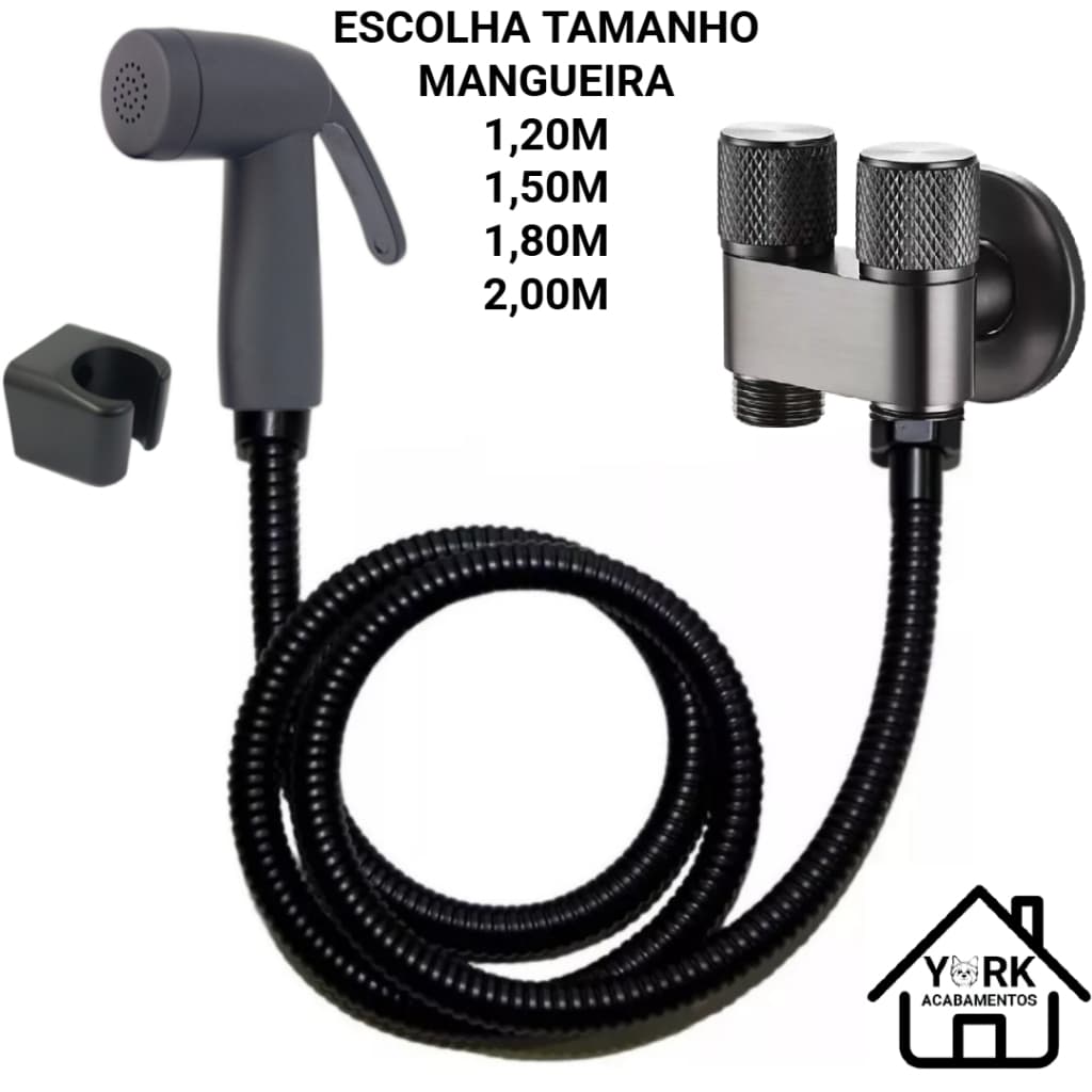 Ducha Higiênica com Gatilho Preto / Cromado + Mangueira Inox Flexível e Registro Dupla Saída de Água