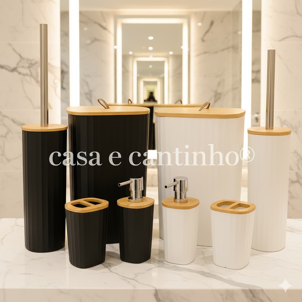 Kits para Banheiro Bambu Plástico Conjunto Com Lixeira Dispenser Copo Escova Sanitária Saboneteira