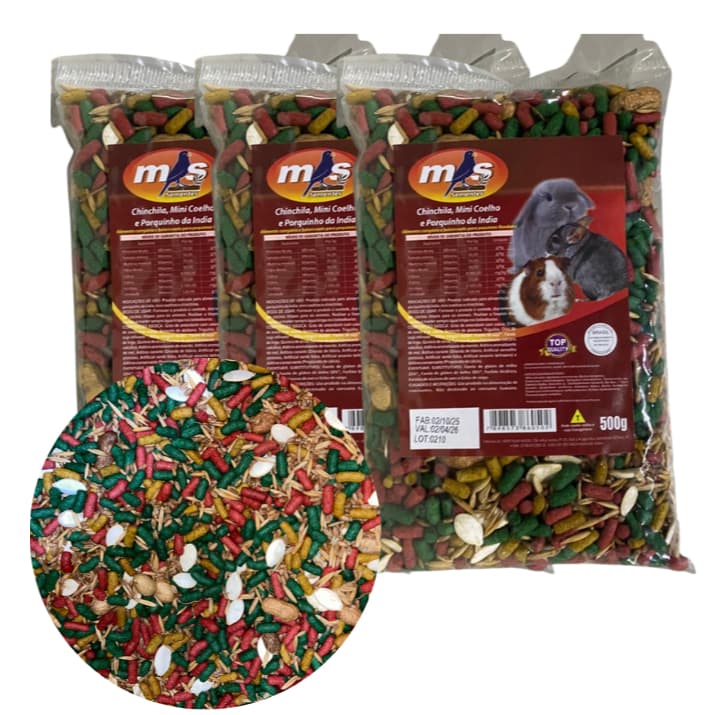 Kit c/ 3 Mistura de 500g para Porquinho, Chinchila e Mini Coelho   - MS Sementes