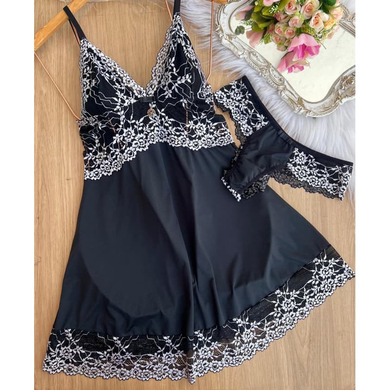 camisola de renda bicolor acompanha fio camisola e calcinha linha noite (camisola sem bojo)