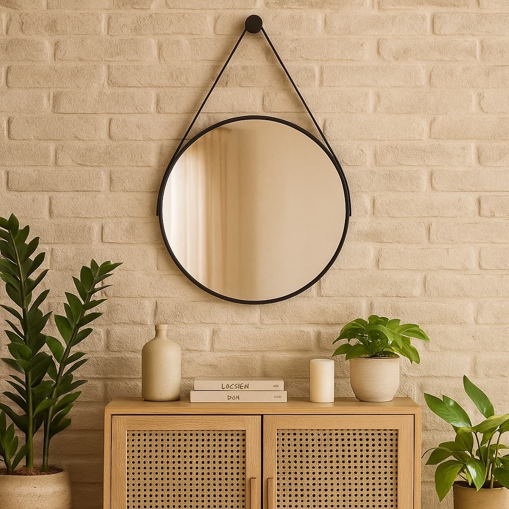 Espelho Adnet Couro Costurado Redondo 30 40 60cm com Alça + Suporte  Sala Quarto Banheiro