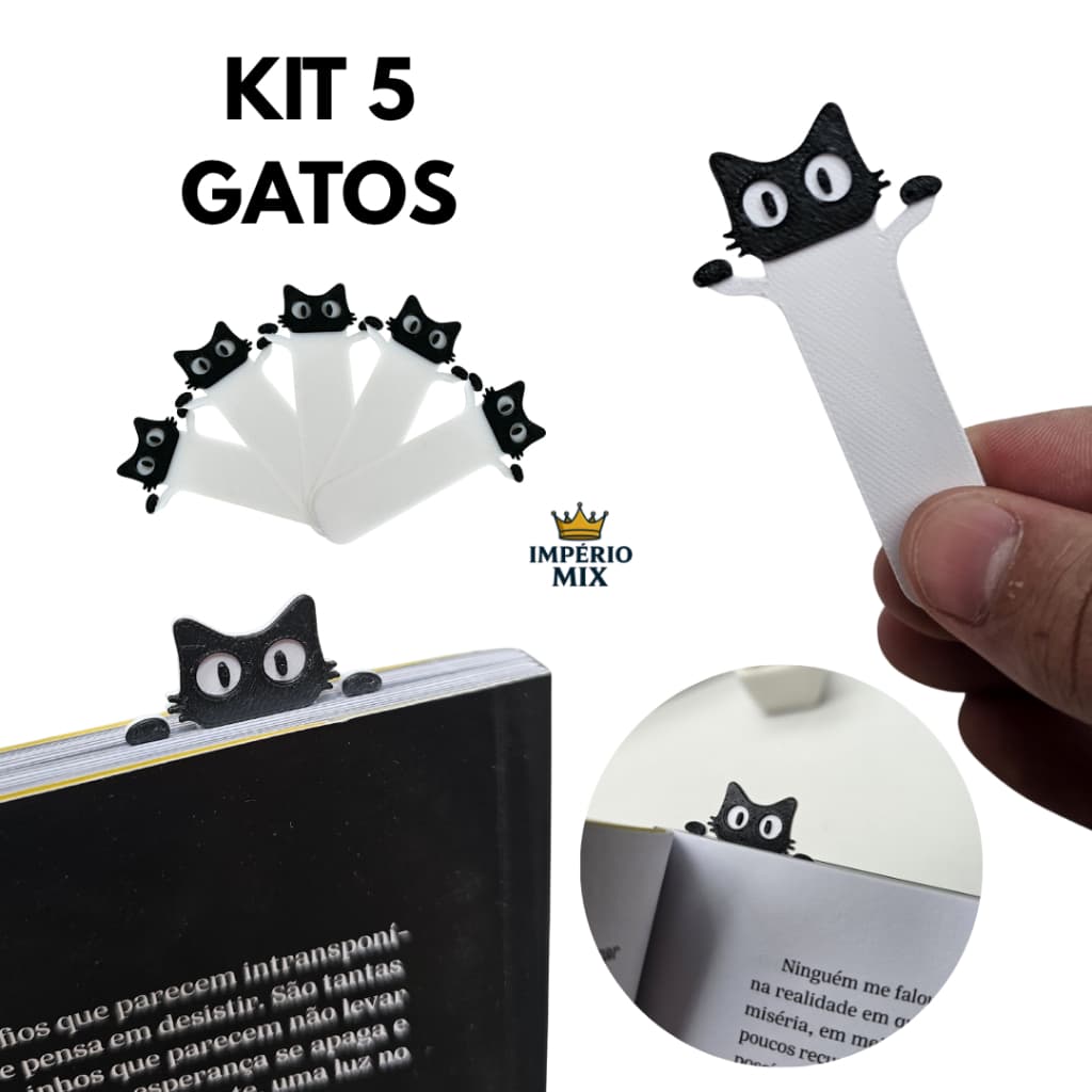 Kit 5 Marcadores de Página Gatinho 6x3 cm PLA Ecológico – Presente para Leitores e Amantes de Gatos