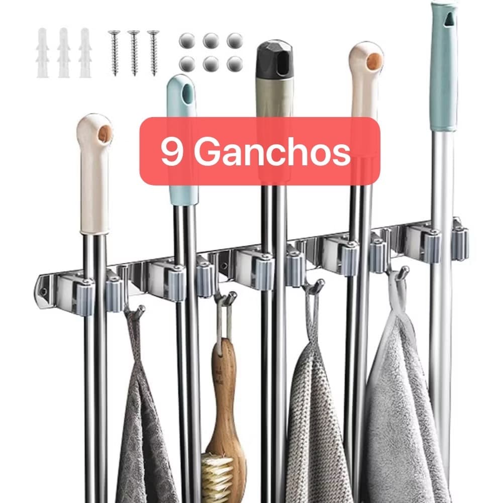 Suporte Vassoura Inox De Parede 4 Prededores de vassoura 5 Ganchos Porta Vassoura Mop Rodo Utensílios de Limpeza