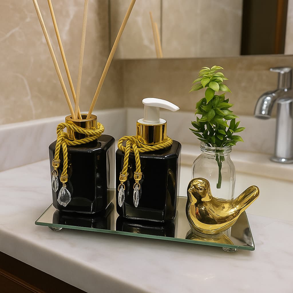 Kit Lavabo Completo Frasco Pet 200ml Aromatizador e Saboneteira Com Bandeja Vaso Planta e Passarinho