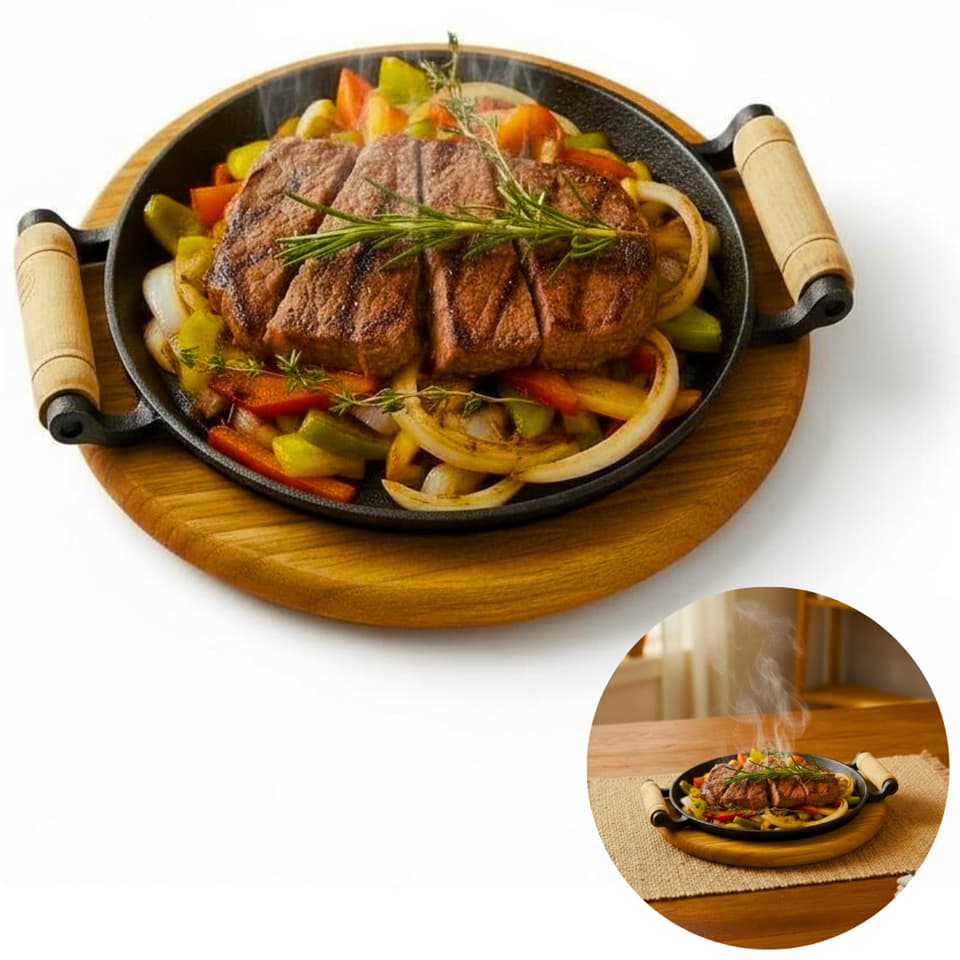 Bifeteira Chapa De Ferro Fundido Redonda Frigideira 2 Alças  Com Opção Suporte Madeira