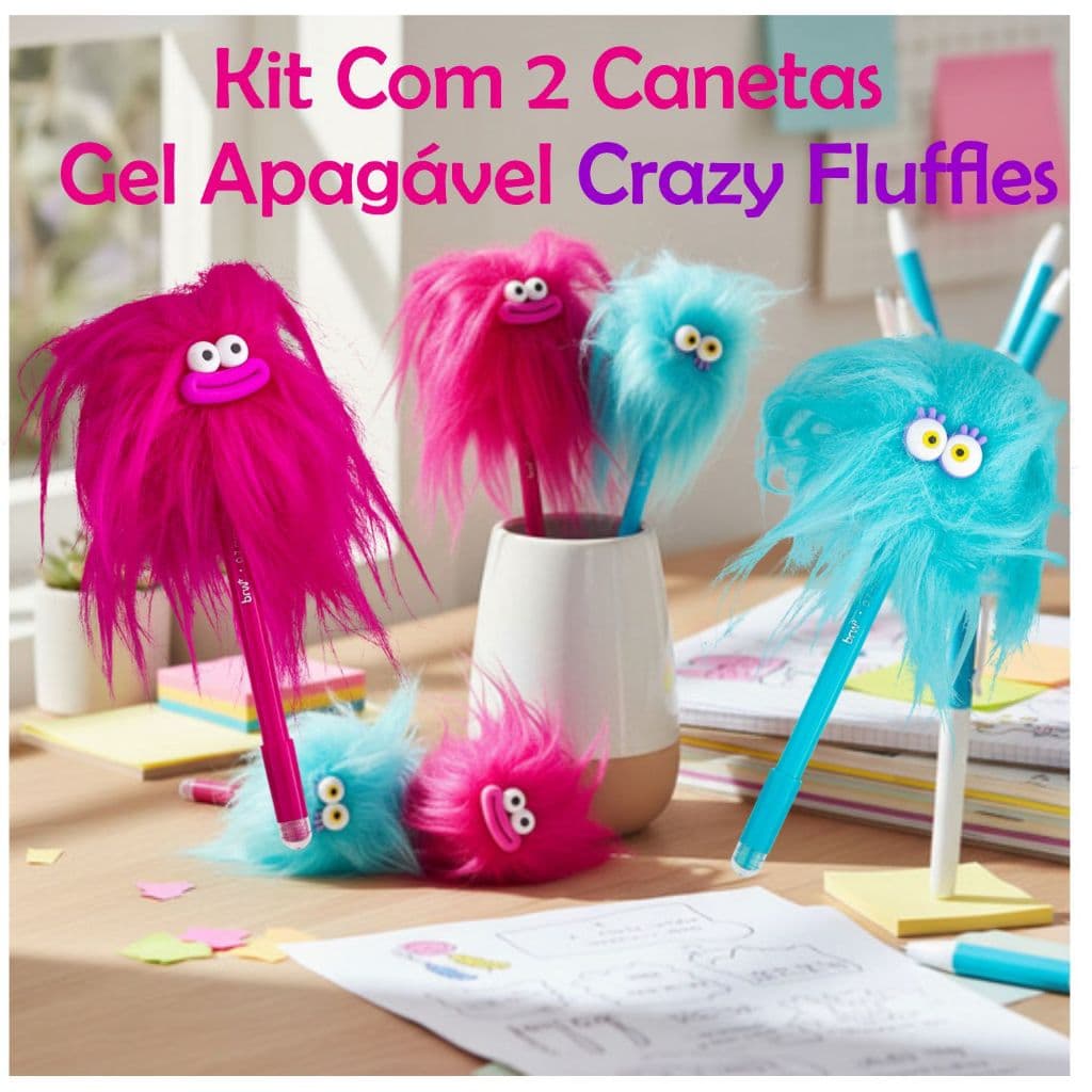 Kit 2 Canetas Gel Apagável Crazy Fluffles 0,7mm Divertidas, Criativas e com Pelúcia Rosa e Azul BRW
