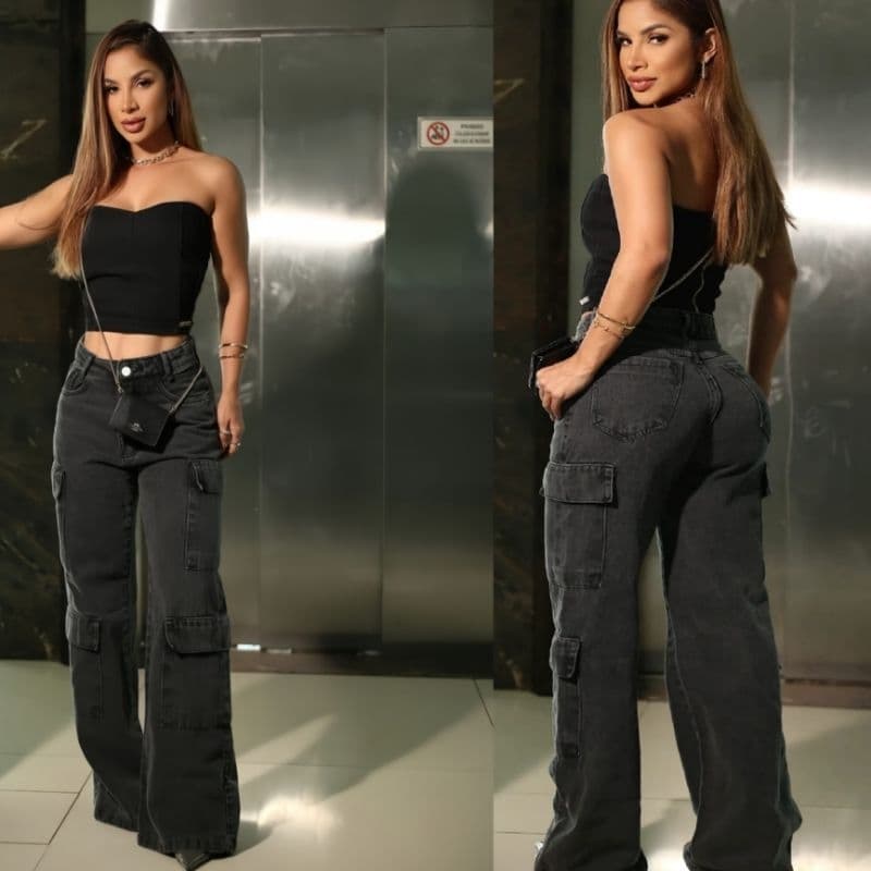 Calça Wide legue jeans cargo 4 bolsos varios bolsos do 34 ao 48