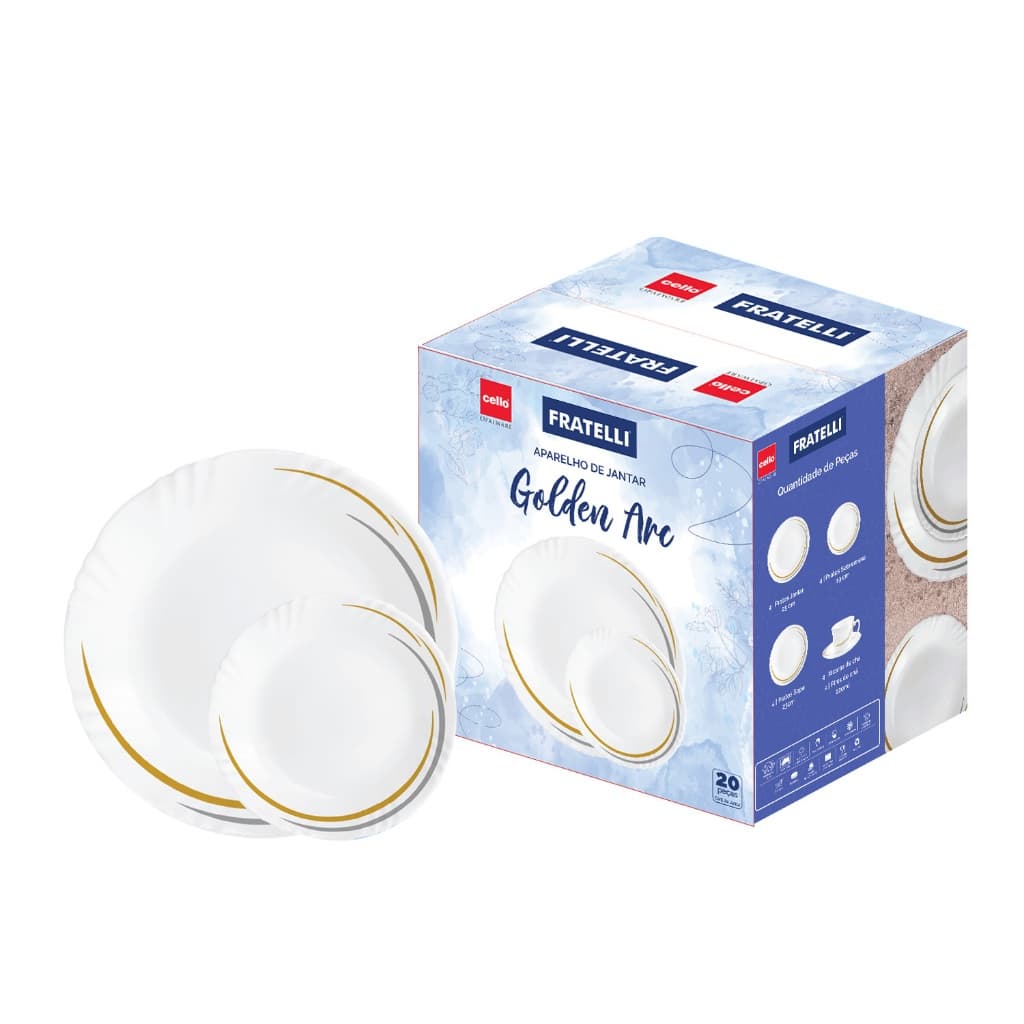 Jogo de Jantar Vidro 20 Peças Fratelli – Aparelho com Pratos e Xícaras para Chá e Refeições