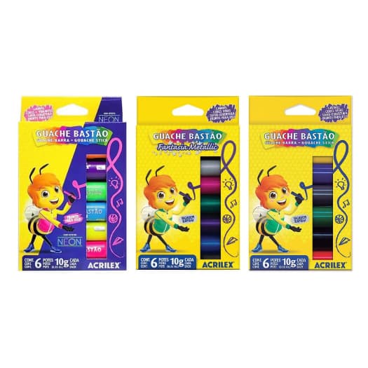 Tinta Guache Bastão Neon, Metallic ou Tradicional 6 Cores - Acrilex