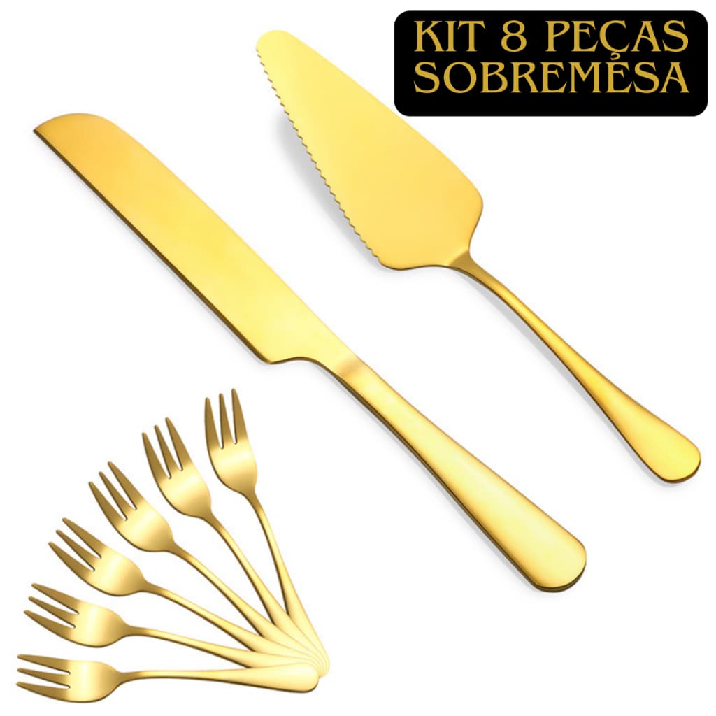 Kit 8 Talheres Aço Inoxidável Conjunto de Sobremesa 8 Peças Douradas Espátula Garfos Faca Natalina Natal