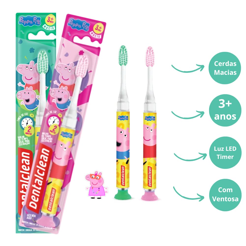 Escova Dental Infantil Peppa Pig com Luz LED Timer 2 Minutos Cerdas Macias, Ventosa, George e Peppa