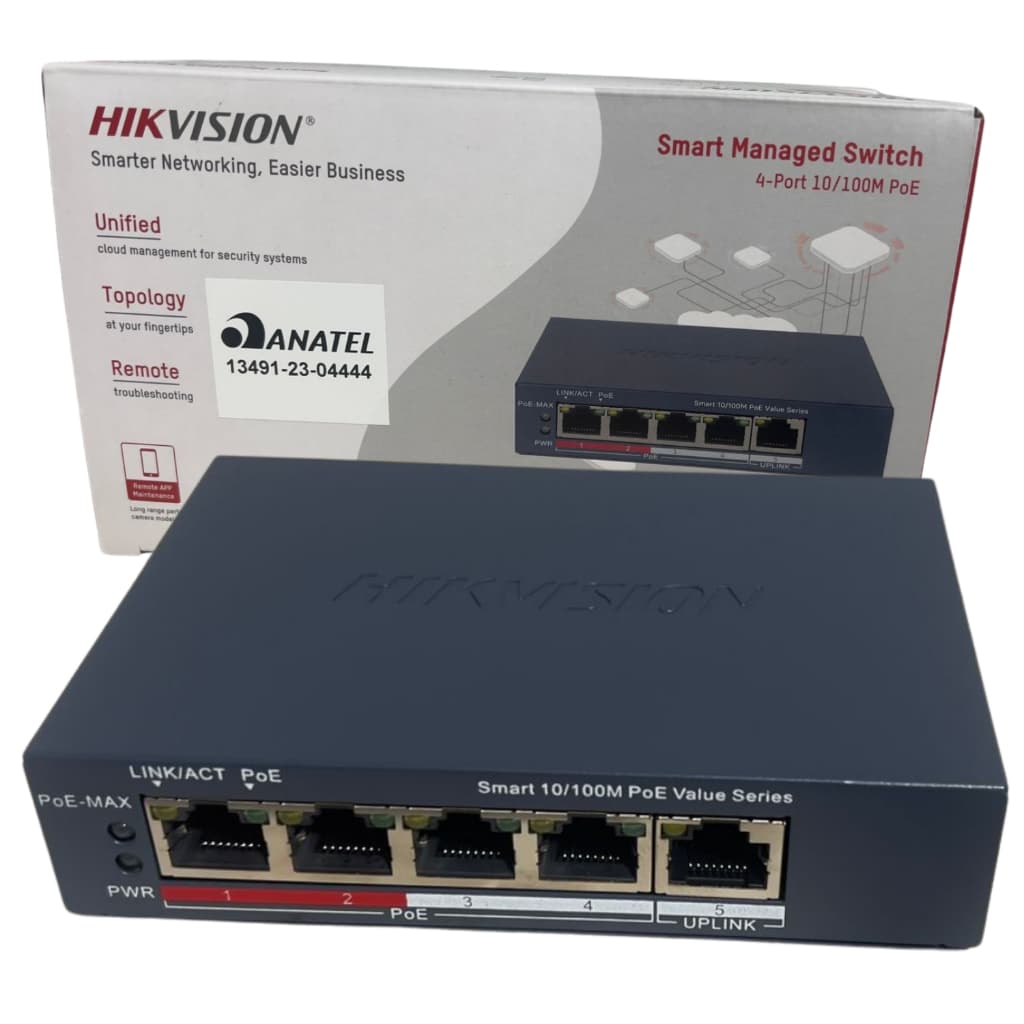 Switch PoE Hikvision 4 Portas 10/100 Mbps DS-3E1105P-EI/M Smart Managed, 45 W, Long Range até 300 m