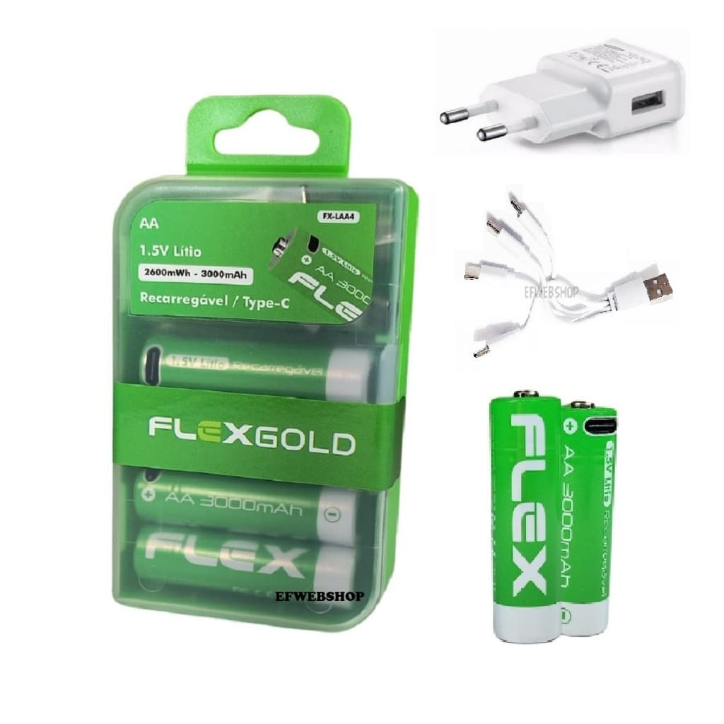 Carregador ou Pilhas Recarregáveis USB Flex Aa ou AAA 1.5v 3000mAh ou 1200mAh Cabo USB Fonte 5v Led