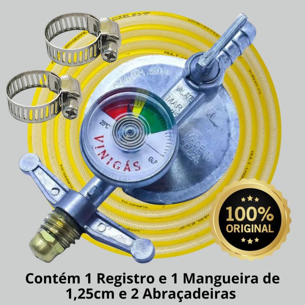 Kit Registro Regulador de Gás Manometro com Visor Mangueira e Abraçadeira