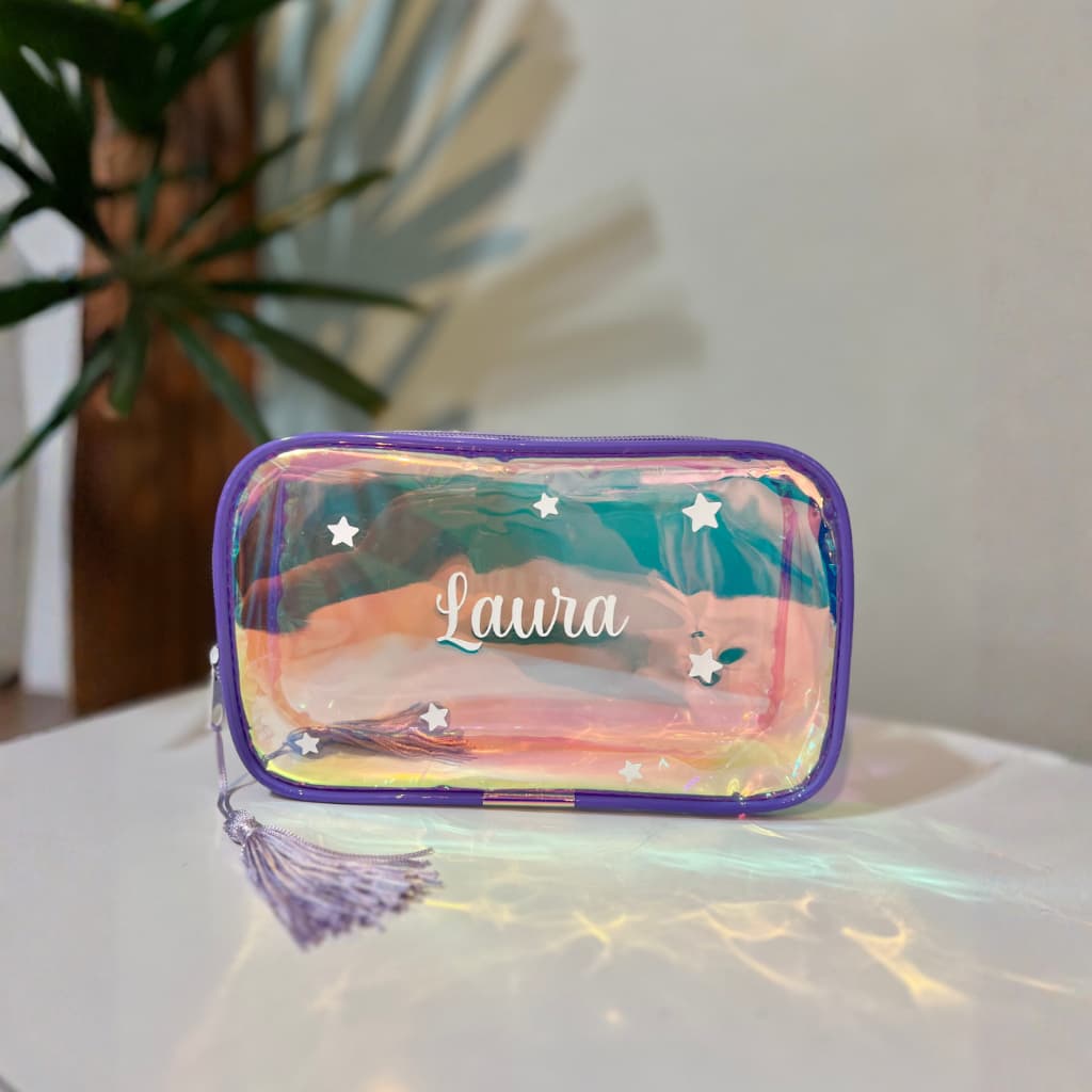 Necessaire PERSONALIZADA organizadora no plástico holográfico e cristal premium para maquiagem brinde festa infantil