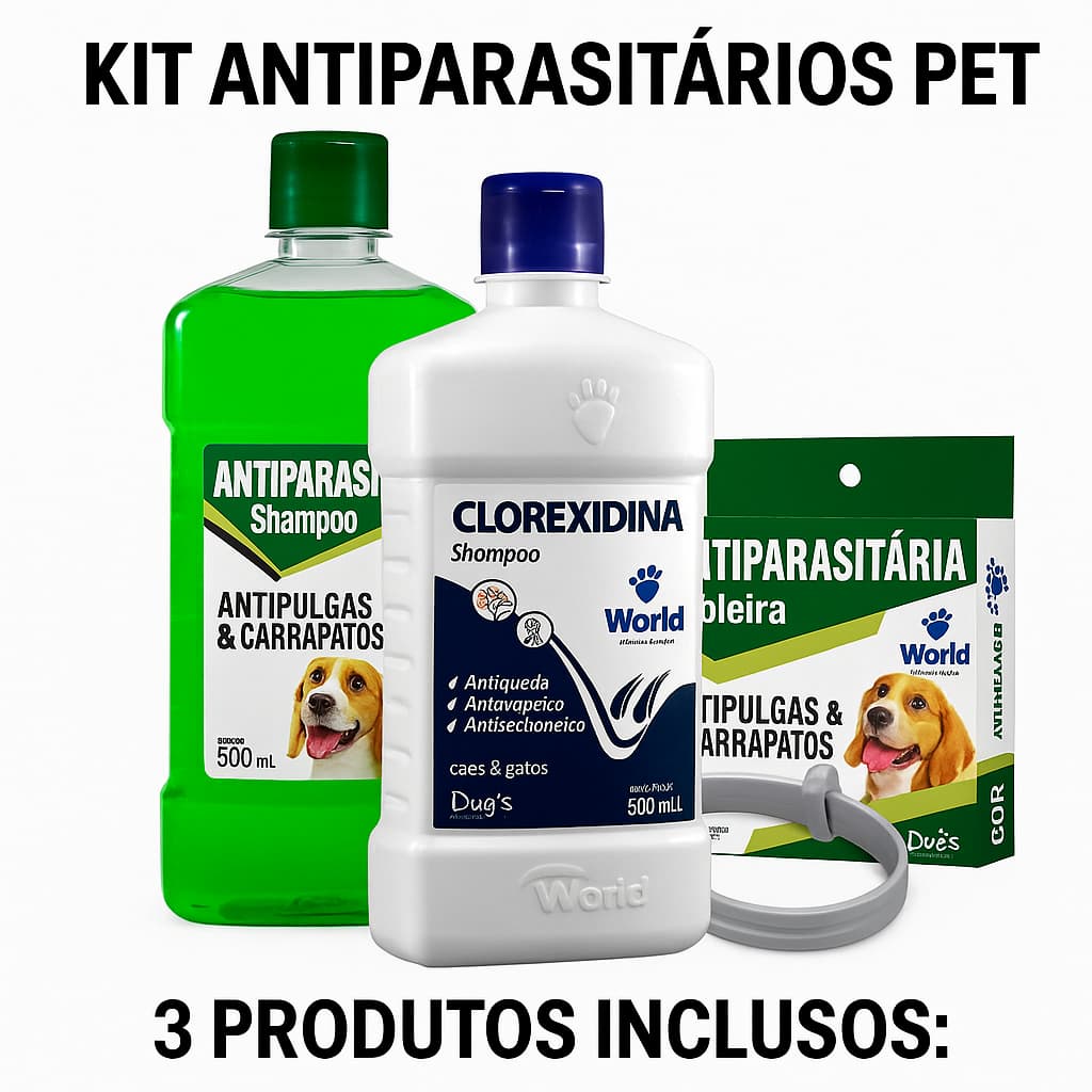 Kit Shampo Clorexidina 500Ml + Shampoo Anti Pulga 500Ml + Coleira Antipulgas e Carrapatos
