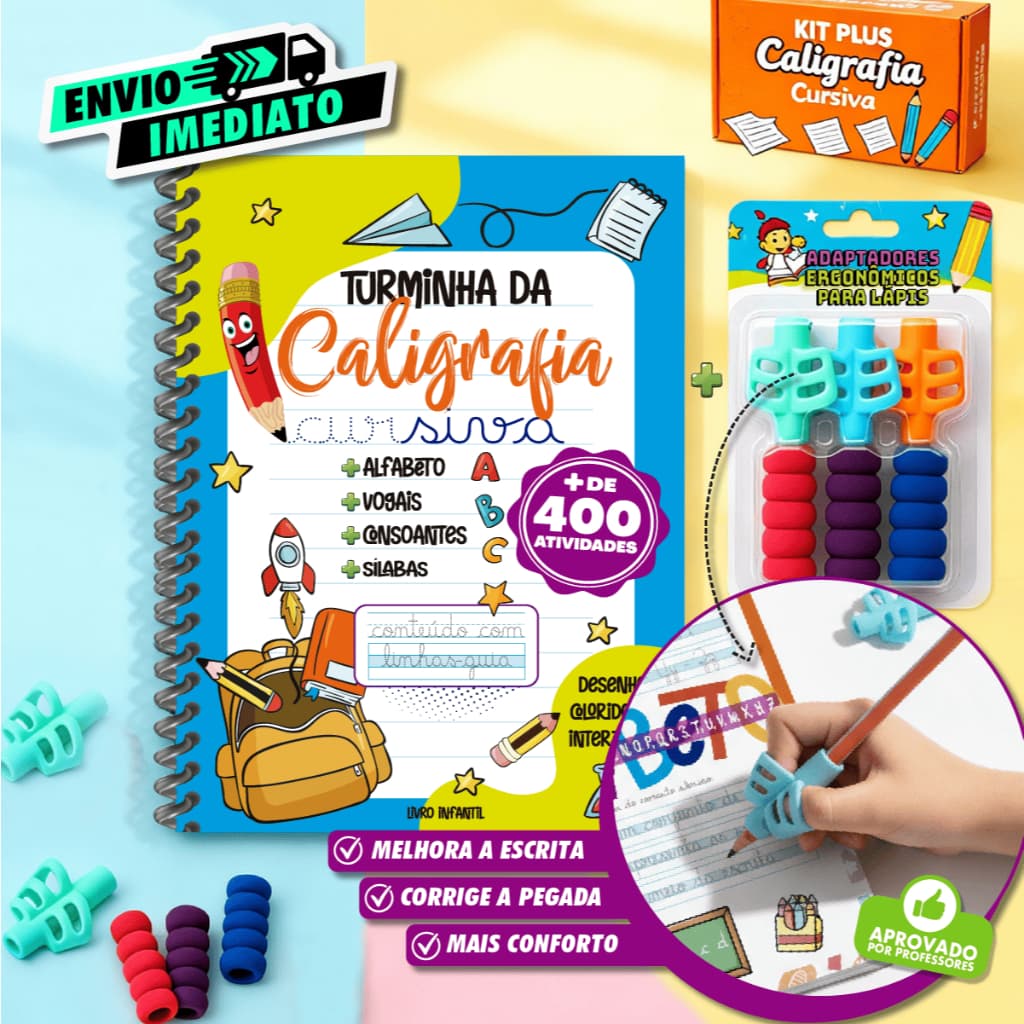 Livro Infantil Caderno De Caligrafia 400 Atividades Letra Cursiva e Adaptador de Escrita