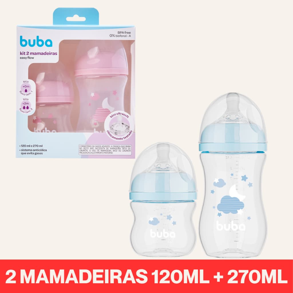 Kit Mamadeira Buba Easy Flow 120ML + 270ML Anticólica Bico Silicone Pétala
