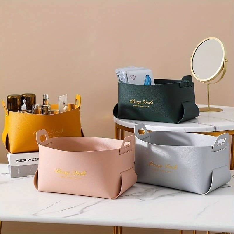 Cesto de couro estilo nórdico. Usado para guardar lanches, maquiagem e produtos de higiene pessoal. ana