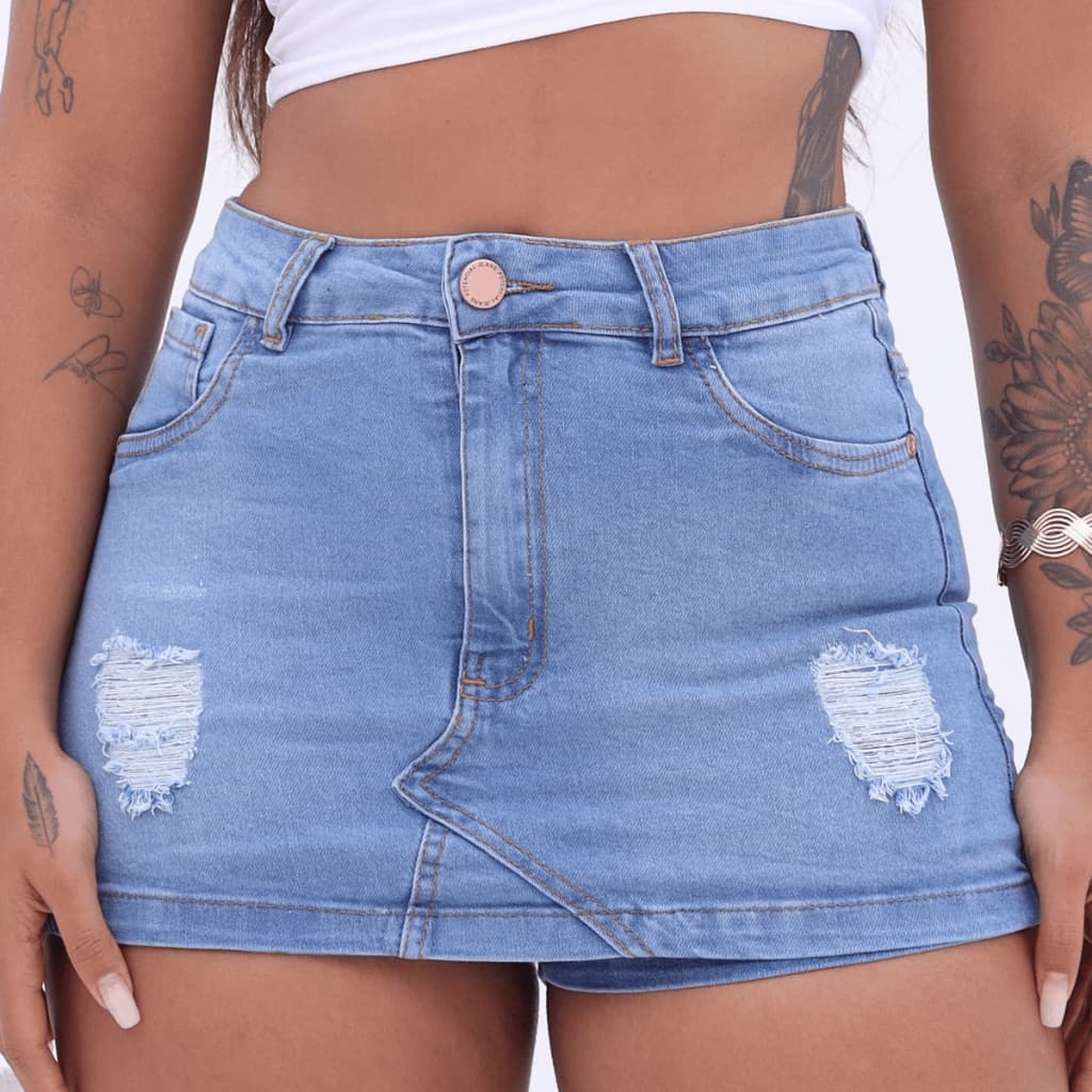 Short Saia Jeans Feminino Cintura Alta Com Rasgos Modela Bumbum