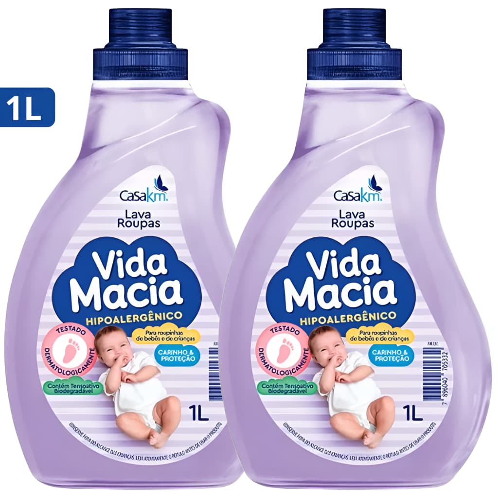 Kit 2 Sabão Líquido Lava Roupas Vida Macia Baby 1L Cada