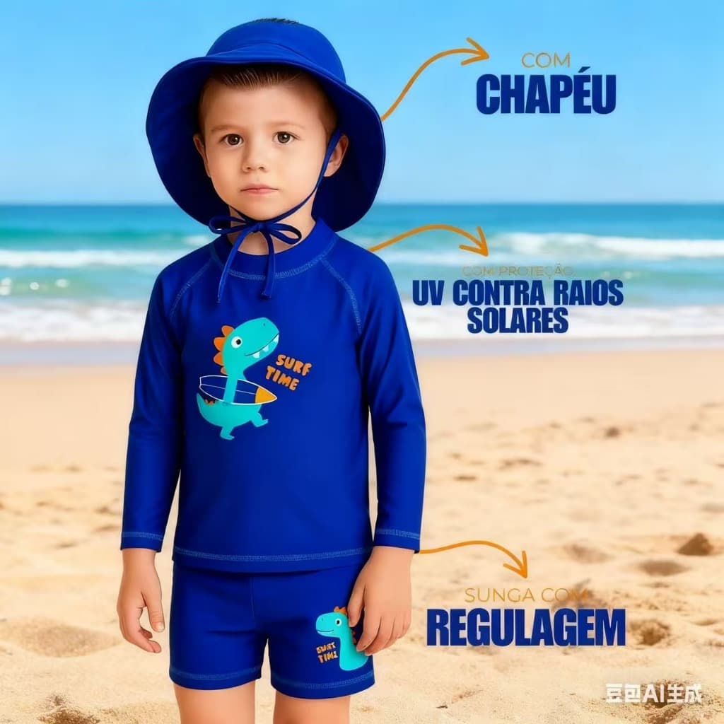 Conjunto Sunga Menino Camiseta Uv 50+ Com Chapéu Praia