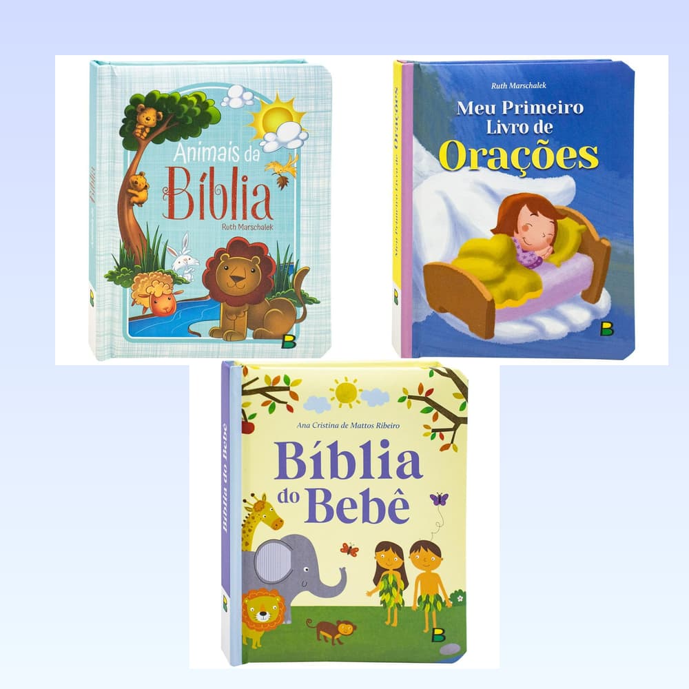 Kit 3 Livros Bíblicos Infantis • Animais da Bíblia + Oração + Bíblia do Bebê • Livro Infantil Cartonado