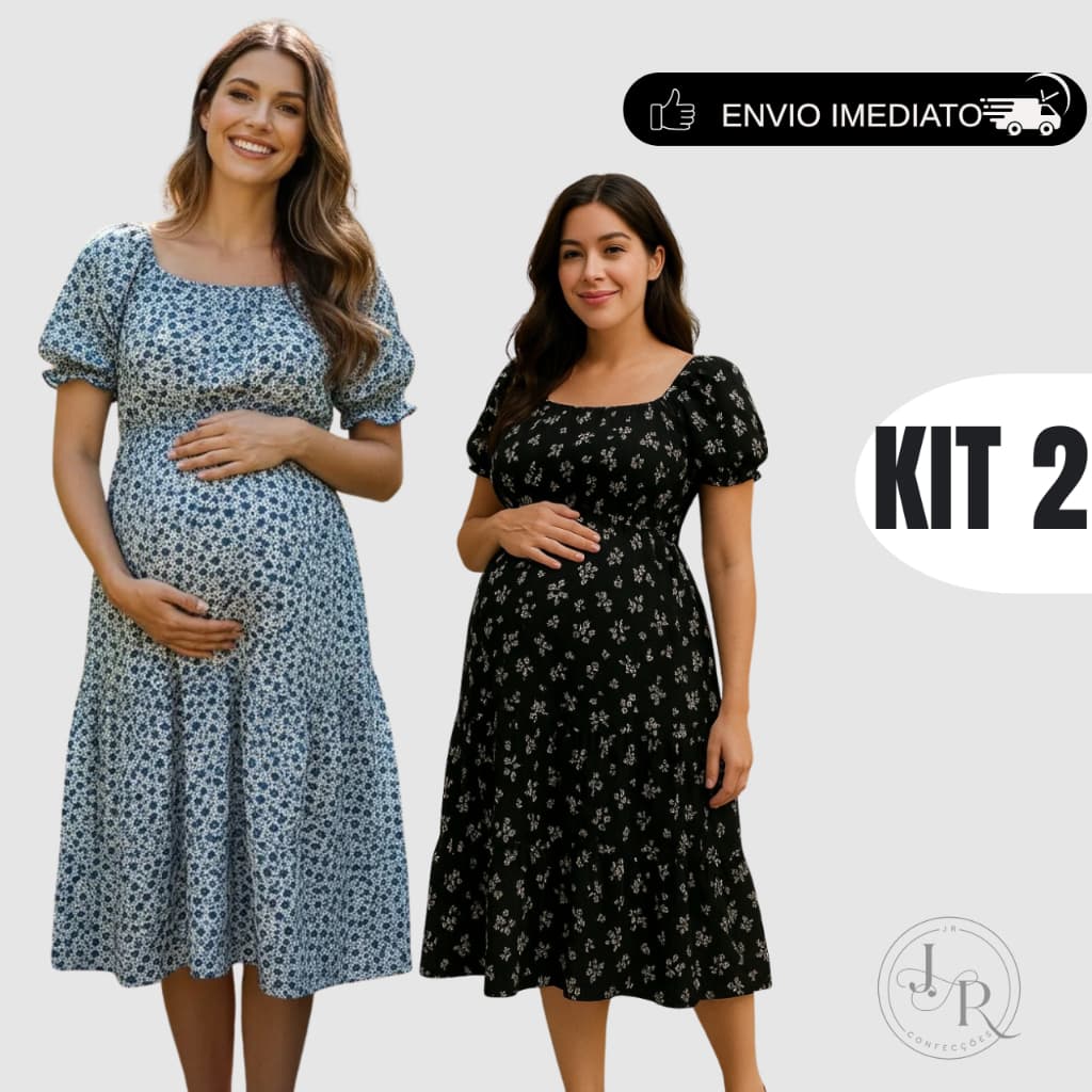 Kit 2 Vestidos Feminino Para Gestante Floral Estampado Elegante Midi Manga Curta Confortável Romântico