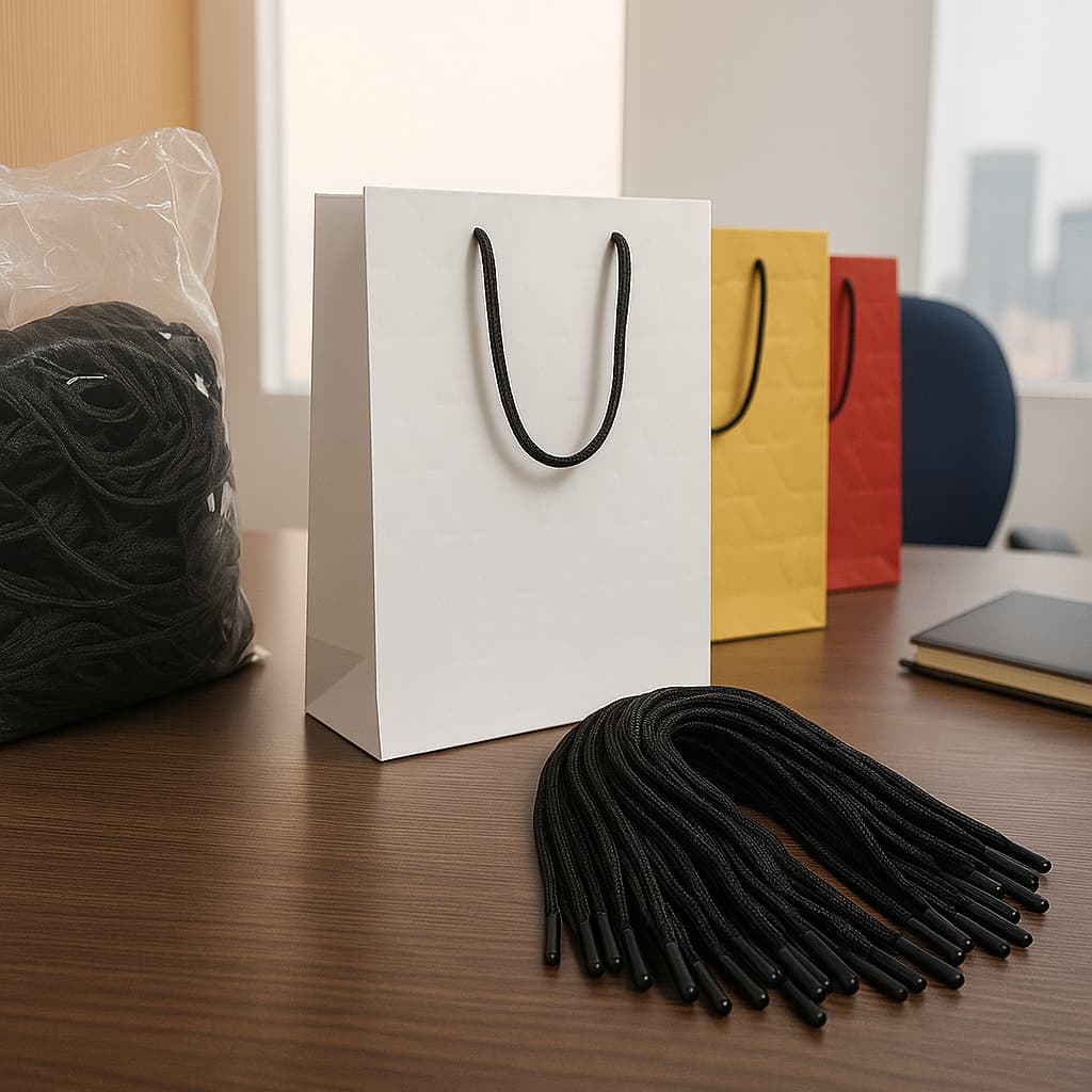 Cordão Preto com Ponteira Preta 35cm Polipropileno Reforçado Alça de Sacola Kit 50un Embalagem Roupa