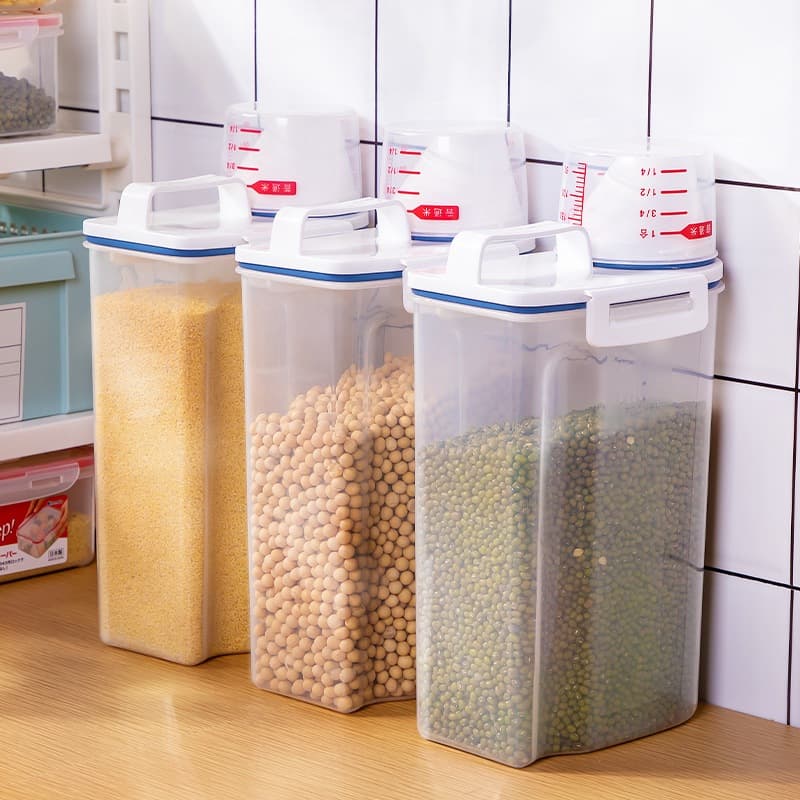 2PCS Pote Hermético 2.5L com Copo Medidor Bico Dosador Para Cozinha Arroz, Grãos, Produtos dempeza  Lie Ração Multiuso