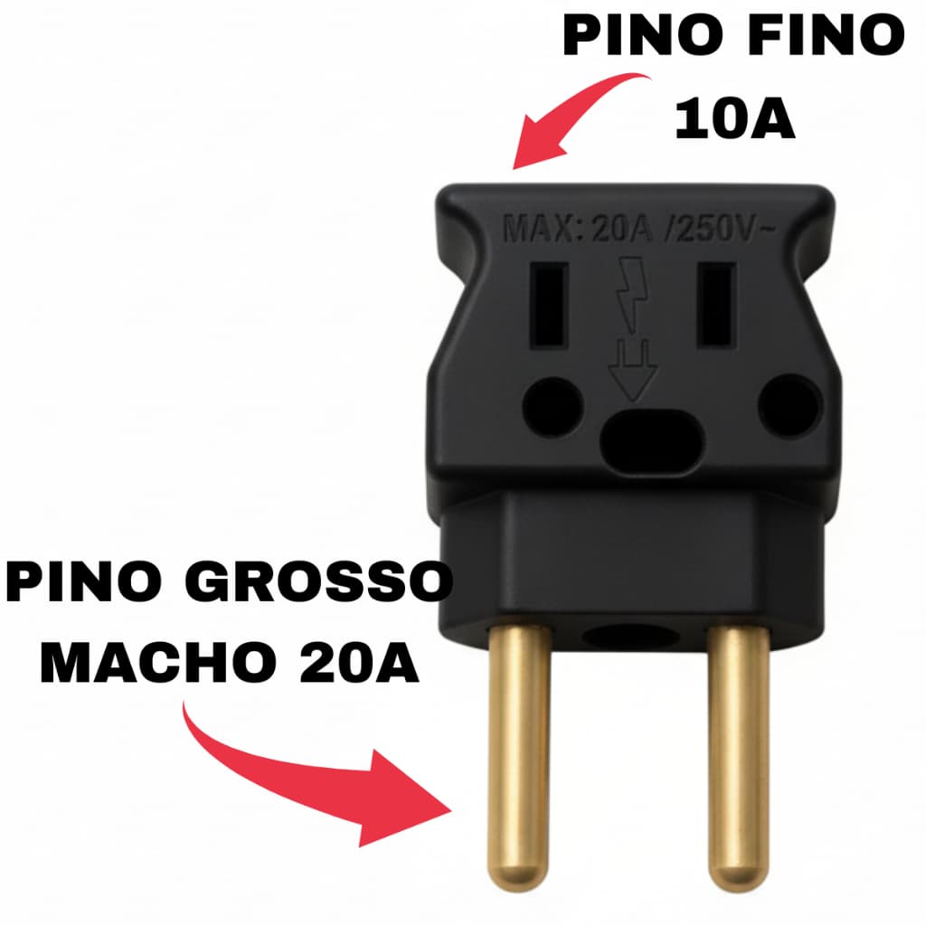 Adaptador Elétrico Pino Grosso Macho 20A para Fêmea 10/20A – Reforçado 250V Dif