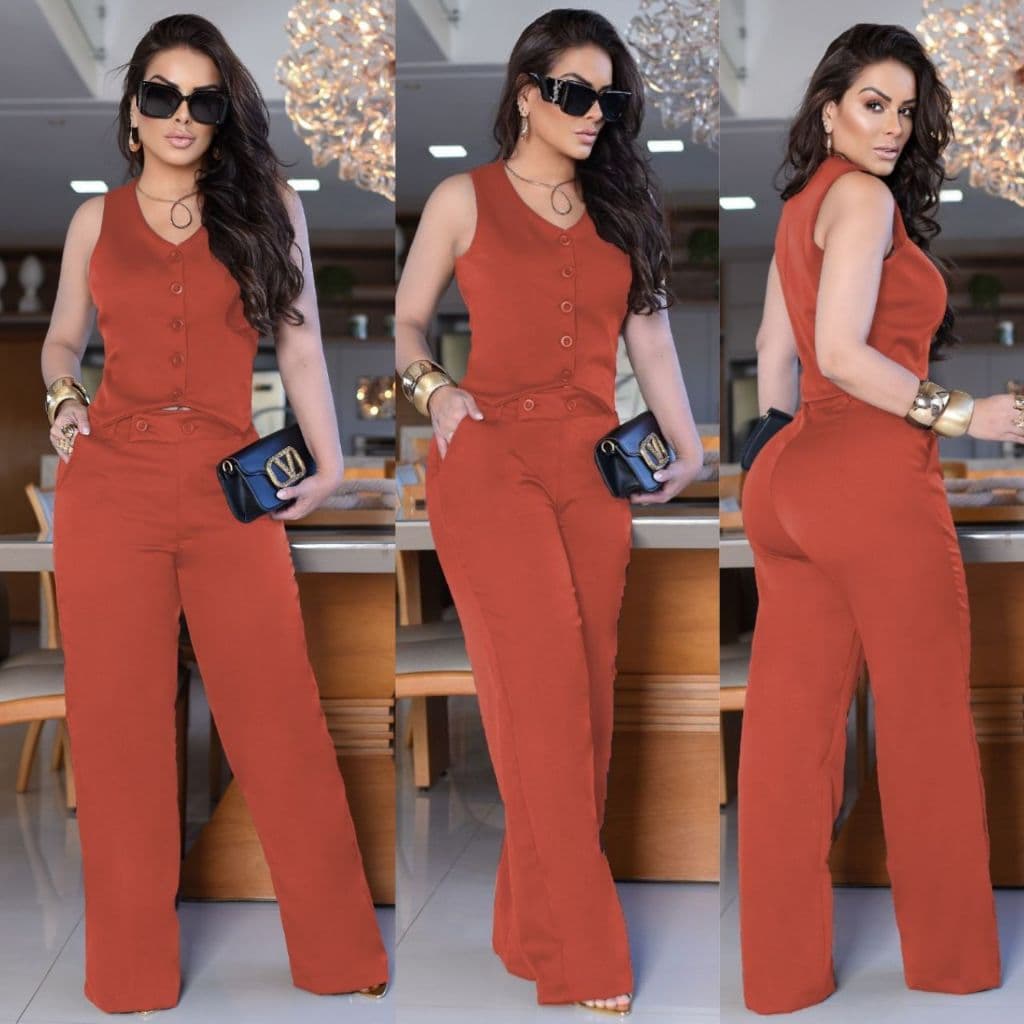 Conjunto Feminino Alfaiataria Premium Calça Pantalona Colete Elegante para Trabalho e Eventos
