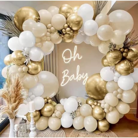 Balão de aniversário kit com 185 balões - Bege + Branco + Dourado para decoração de Festas.