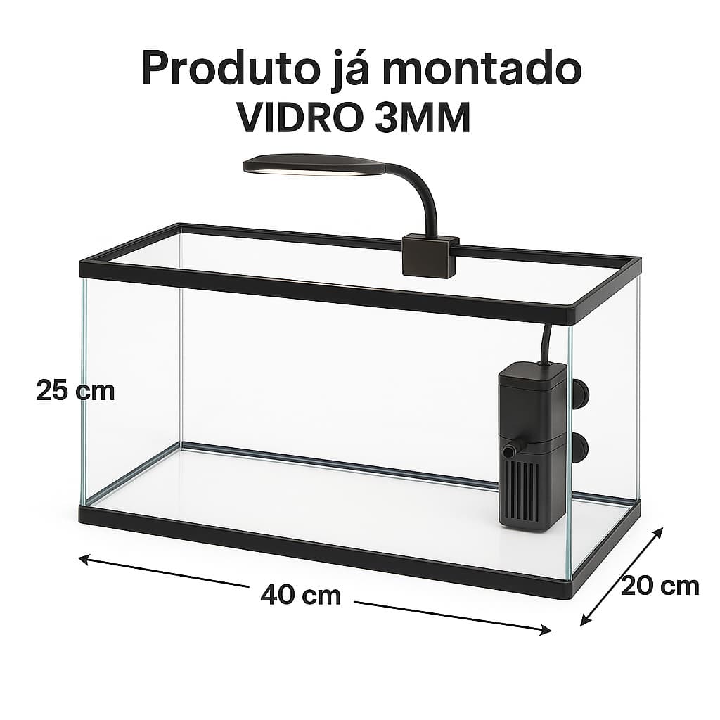 Aquário de peixes 20 Litros 40x20x25cm | Ideal para Peixes Ornamentais Vidro 3mm Produto já montado