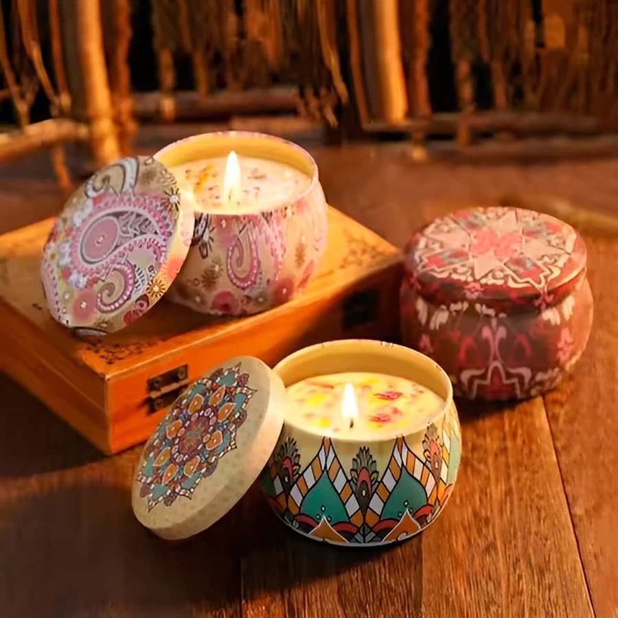 Kit 1/2/3/4/5/6 Vela Aromática Artesanal 60g Perfumada Variada Caixinha Metal Zodiacos c/ Tampa 70ml