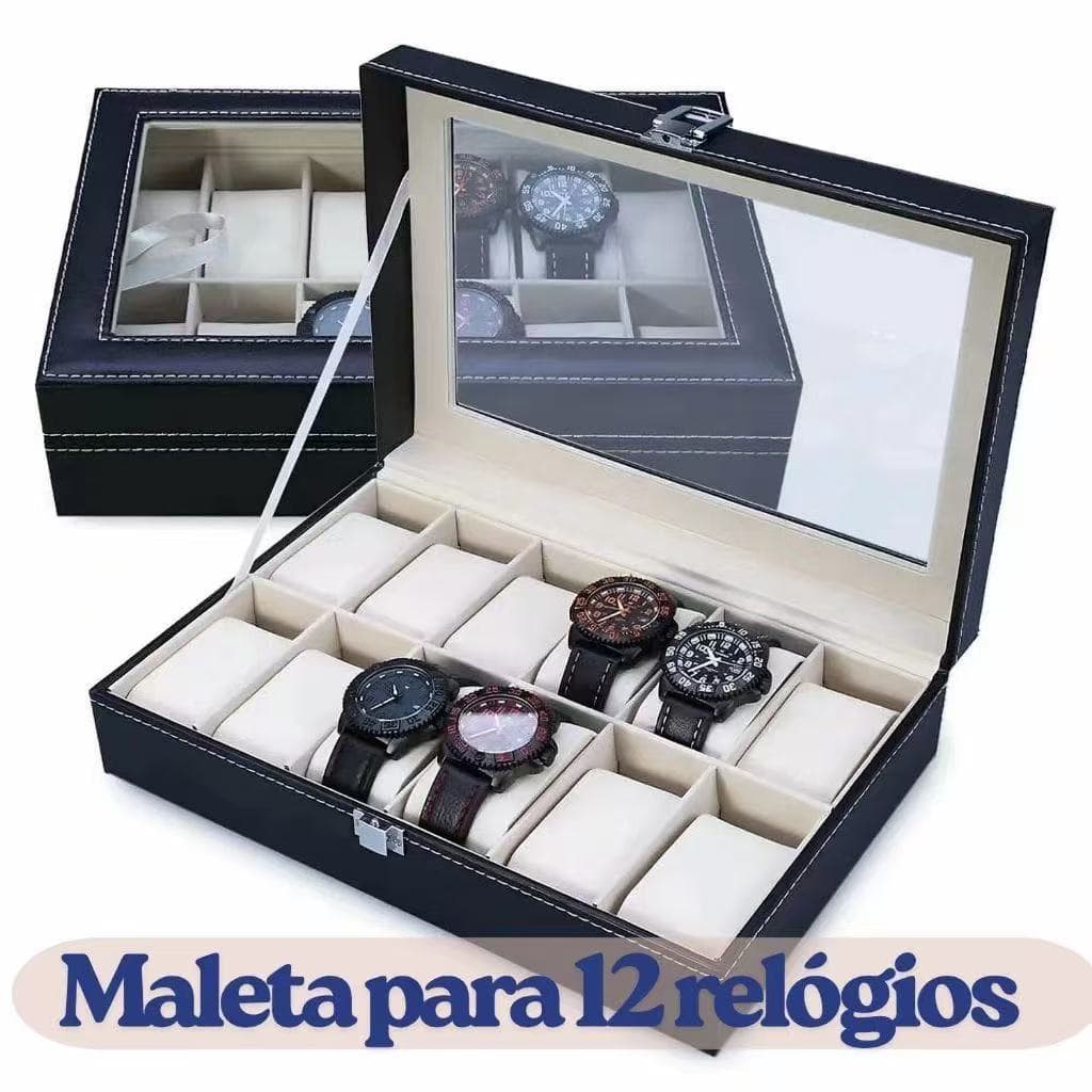 Caixa Organizadora para 12 Relógios – Couro Sintético, Vidro Premium e Interior Aveludado