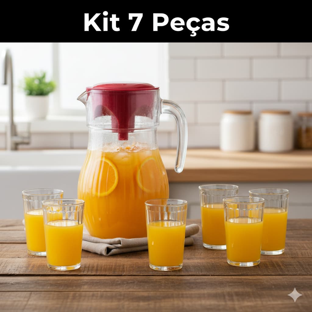 Conjunto Kit Jogo Jarra 1,5L C/ 6 Copos 230ml Vidro Cozinha Mesa Água Suco Presente