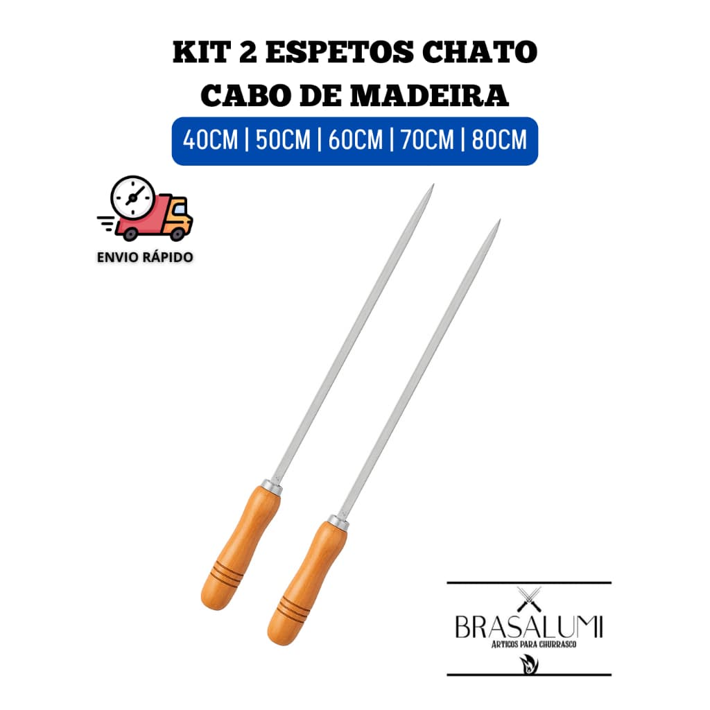 kit 2 ESPETOS CHATOS  EM ALUMÍNIO CABO DE MADEIRA P/ CHURRASCO