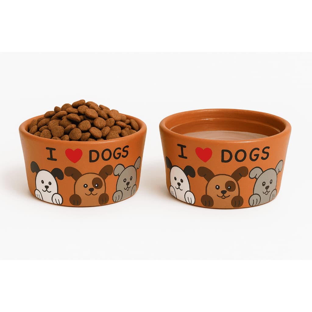 Comedouro e Bebedouro para Cachorros – Kit com 2 Tigelas de Barro Pintadas à Mão, Feitas de Forma Artesanal