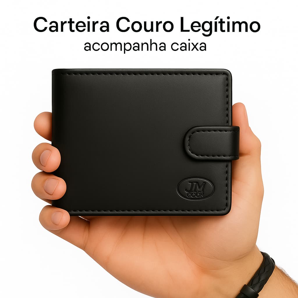 Carteira Masculina Couro Legítimo Fecho de Botão Porta Cartões e Porta Moedas Acompanha Caixinha