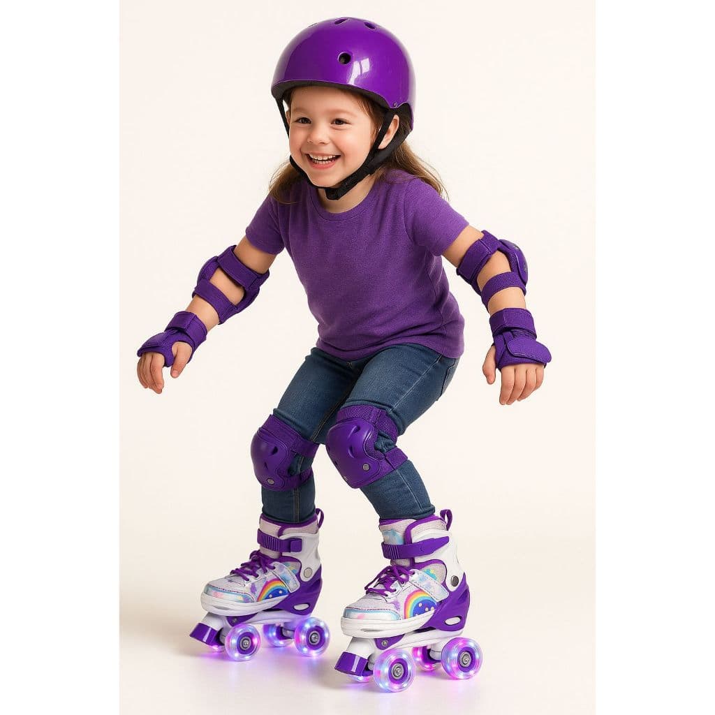 Patins Infantil Arco Íris Roxo 4 Rodas Ajustável com luz de LED Com e Sem Kit de Segurança