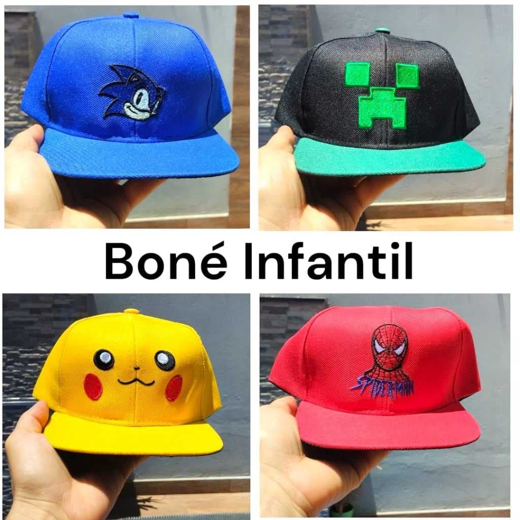 Boné Infantil Ajustável 3 a 11 anos  Aba reta Presente de Criança Heróis Anime Games