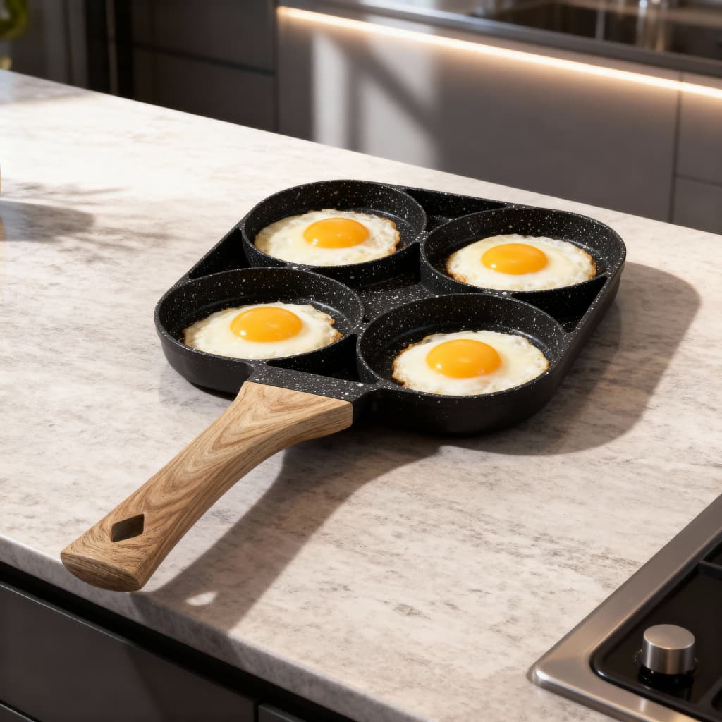 Frigideira Multifuncional Antiaderente 4 Em 1 Para Ovos , Hambúrguer , Omelete , Com Cabo De Madeira