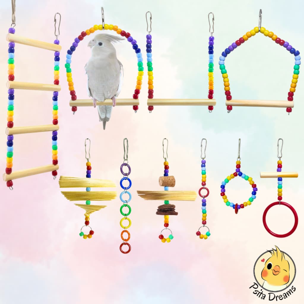 Kit Brinquedos Arco-Íris, calopsita, agapornis, periquito, aves, brinquedo, acessórios calopsita