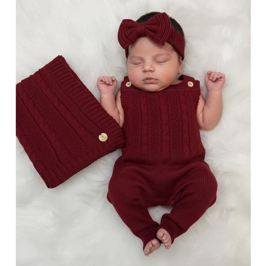 Kit Bebê Manta Jardineira Tricot Trança RN Saída de Maternidade Cobertor Macacão Infantil