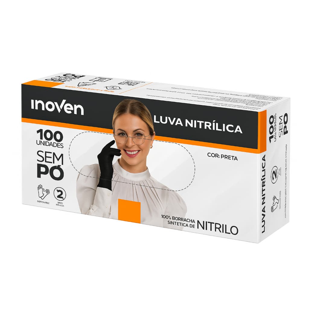 Luva Nitrílica Descartável Sem Pó Preta 100un Inoven Ambidestra Resistente P M & G