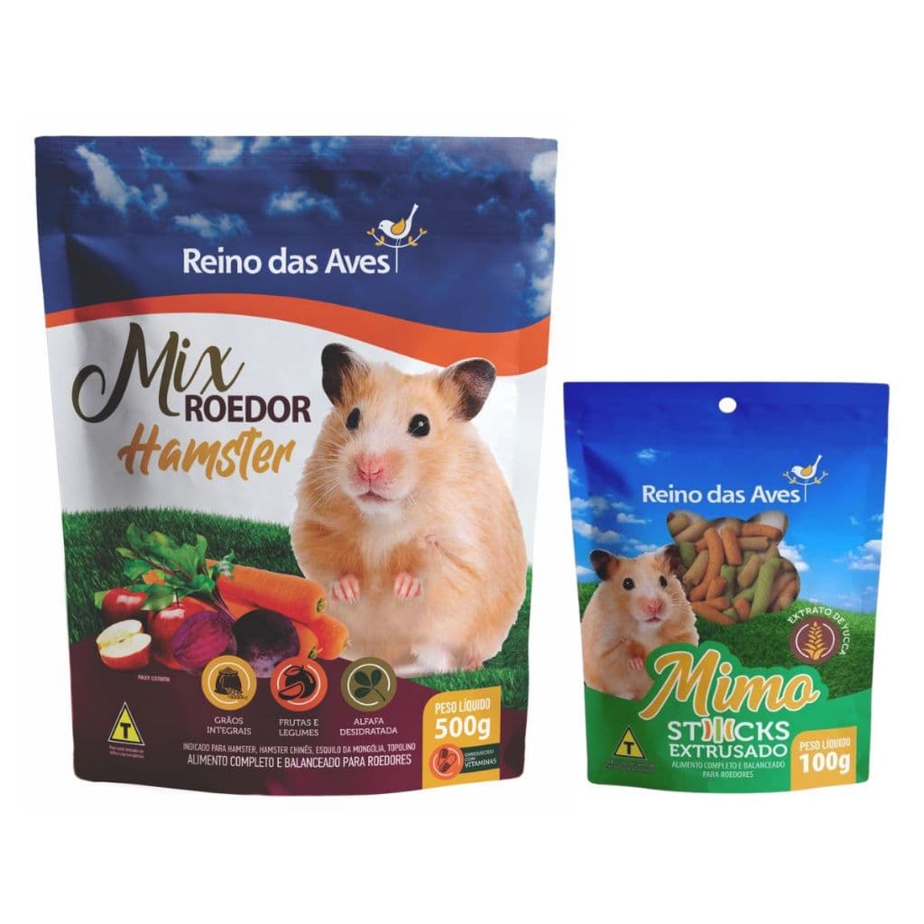 Kit Mix Roedor Hamster e Sticks Biscoito Para Roedores Reino das Aves