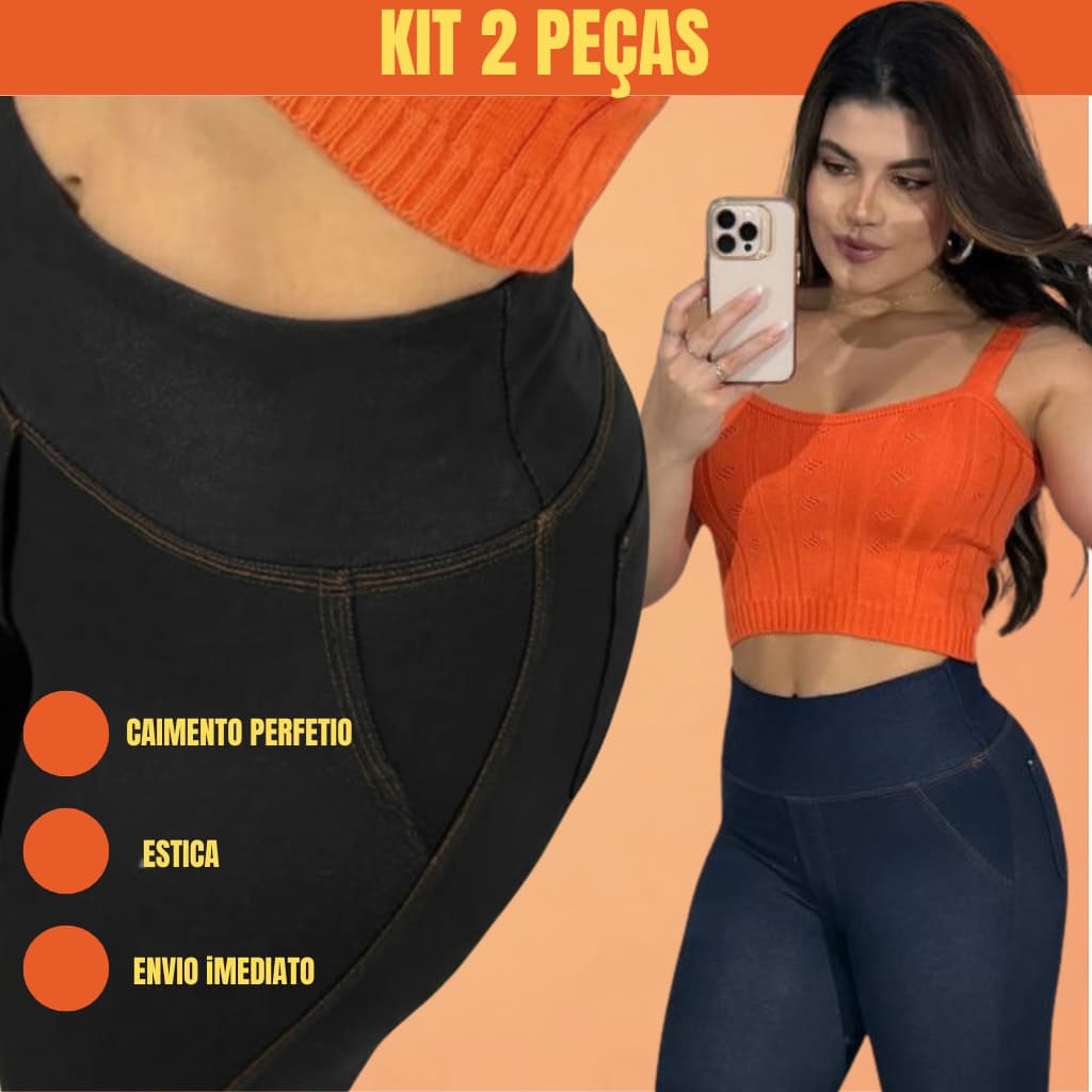 KIT 2 Calças Legging Cotton Imita Jeans Feminina Cintura Alta Modeladora Com Bolso Atrás