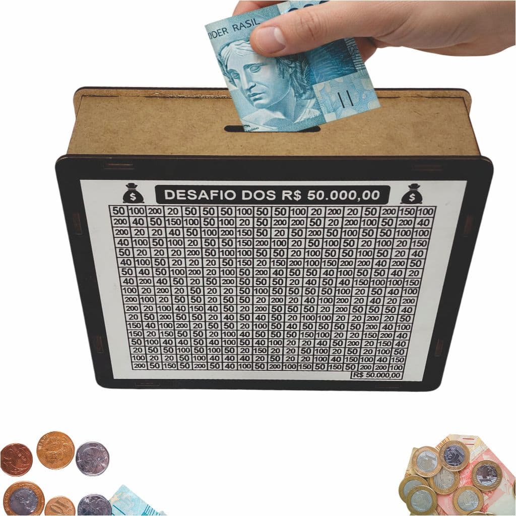 Cofre Cofrinho Desafio 50 mil Caixa de Dinheiro MDF / Método Japonês / Poupança / Depósitos Contador