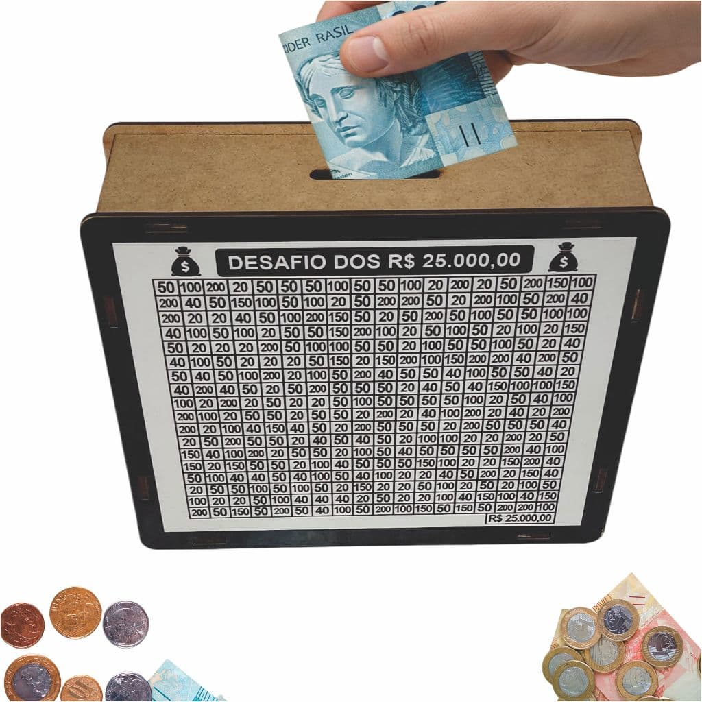 Cofre Cofrinho Desafio 25 mil Caixa de Dinheiro MDF / Método Japonês / Poupança / Depósitos Contador